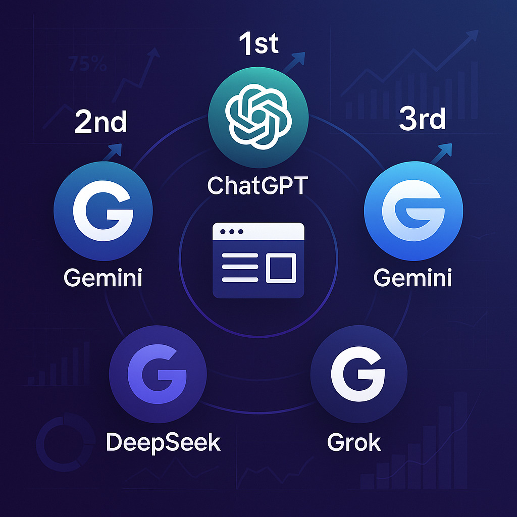 AI search engine optimization guide showing ChatGPT, Claude, Gemini, Grok, and DeepSeek platforms with ranking arrows - how to rank website in AI search engines 2025