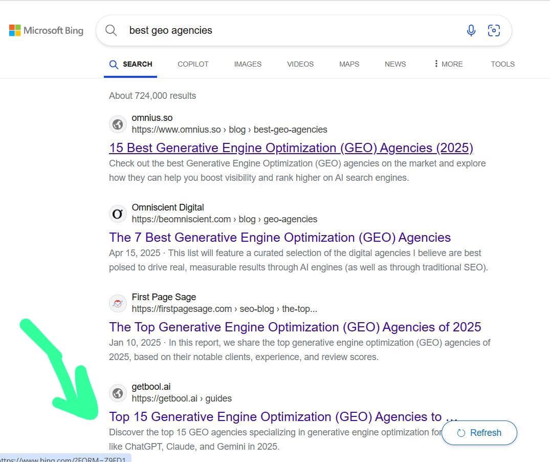 Bing ranking for Best GEO Service